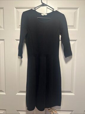 Hugo Boss Black Textured Three-Quarter Sleeve Fit-and-Flare Dress